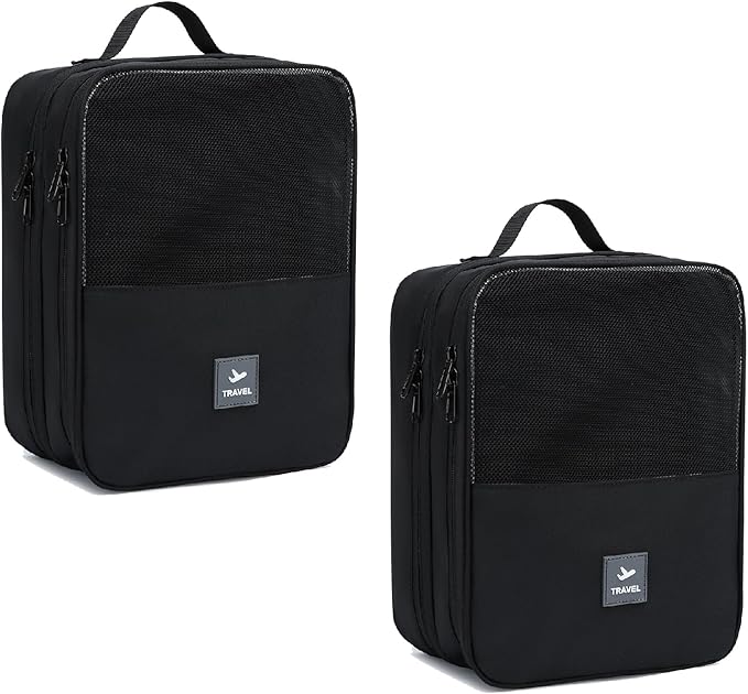 2 Layers Travel Shoe Bag, Portable Shoe Bags Hold 2 Pair Of Shoes, Water-Resistant Shoe Storage Pouch For Travel (Black, 2 Pack)
