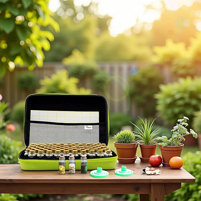 【80 Slots】 Seed Storage Organizer, Sturdy Organizer Box with Dual Zipper Bag and 84Pcs Label Stickers, Glass Seed Storage Container for Flower Vegetable Plants Garden Seeds Saving, Green