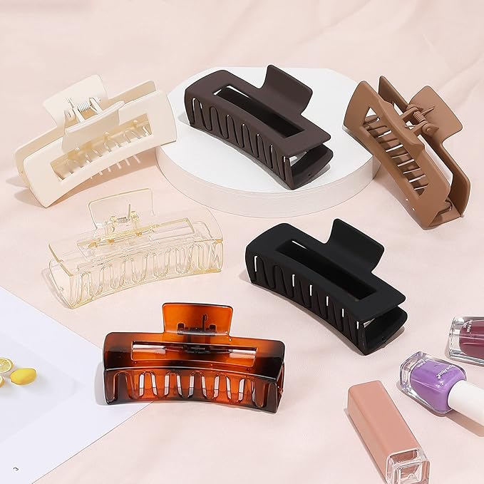 4 Inch Big Hair Claw Clips 6 Pcs Large Claw for Thick Hair Square Hair Clips for Women Rectangle Hair Clips Nonslip Acrylic Banana Jaw Clips Hair Accessories for Girls (Amber)