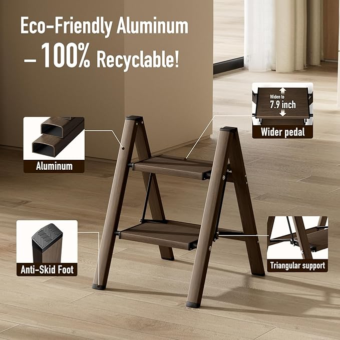 2 Step Ladder, Aluminum Folding Step Stool for Adults, Step Ladder with Wide Anti-Slip Pedal, 330 lbs Capacity for Home, Office, Kitchen, Library (Walnut)