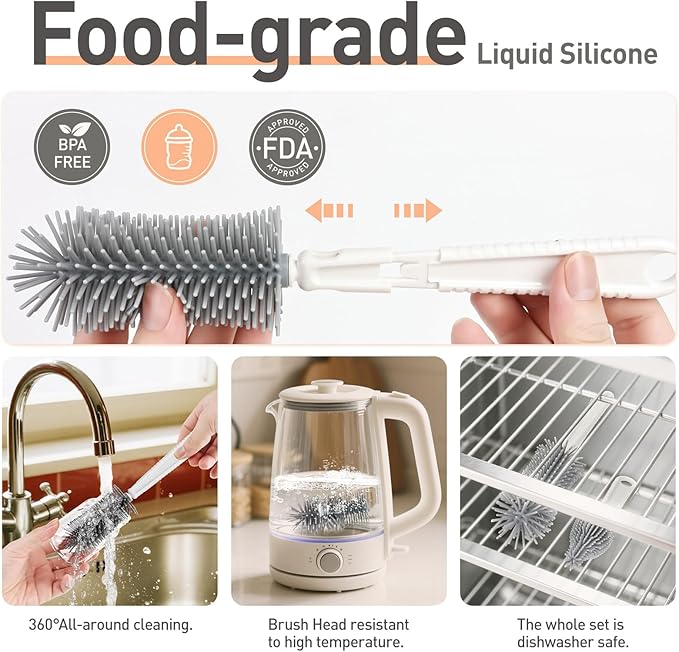 Baby Bottle Brush Set, 6-in-1 Travel Bottle Cleaning Kit with Silicone Bottle Brush, Nipple & Straw Brush, Soap Dispenser, Drying Rack, Storage Box – Compact Travel Baby Essential for Home & On-The-Go