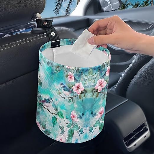 Panskyllis Green Hummingbird Car Trash Bin Garbage Can Leak Proof Waste Basket Container Bag Bin Portable Cup Holder Organizer with Strap Universal Storage Bag Box for Auto, Car, Camping, Travelling