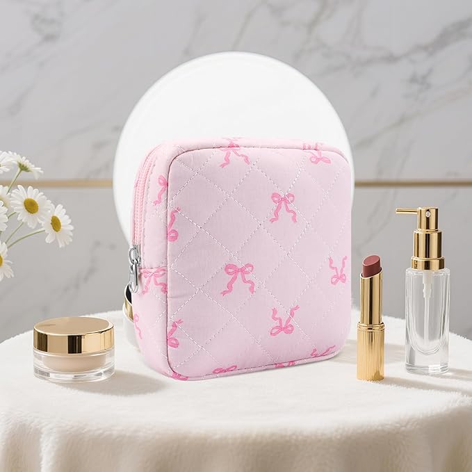 Small Quilted Cotton Makeup Bag for Purse Mini Cosmetic Period Bag for Women Cute Pink Bow Ribbon Makeup Sanitary Pouch Portable Travel Toiletry Bags with Zipper Christmas Birthday Gifts