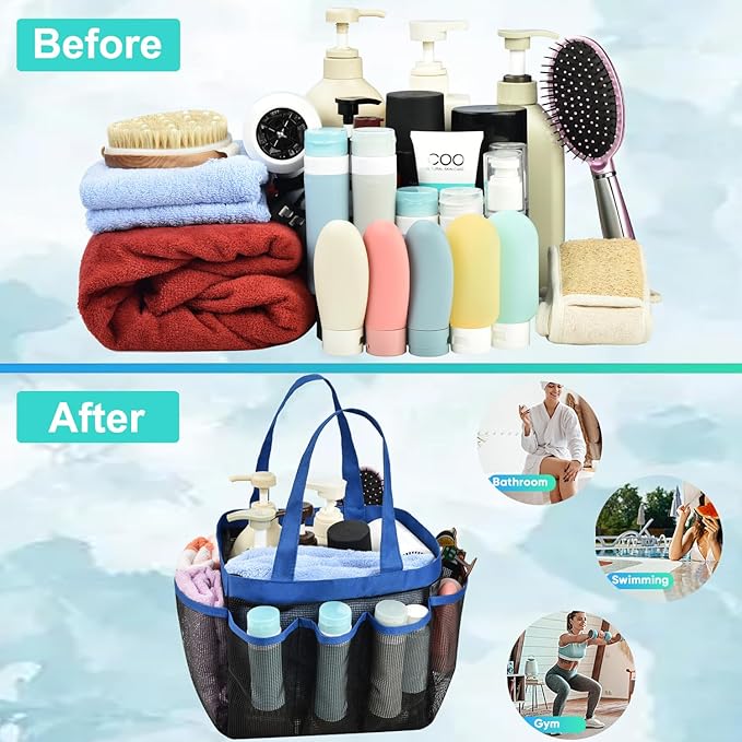 Haundry Mesh Shower Caddy Tote, Large College Dorm Bathroom Caddy Organizer with Hook and Handles, 8 Basket Pockets for Camp Swimming Travel Gym Beach