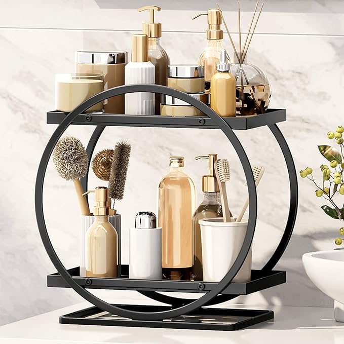 Bathroom Counter Organizer, Black Perfume Organizer for Dresser, 2 Tier Bathroom Organizer Countertop, Vanity Makeup Organizers, Skincare Display Tray for Bathroom Sink Storage
