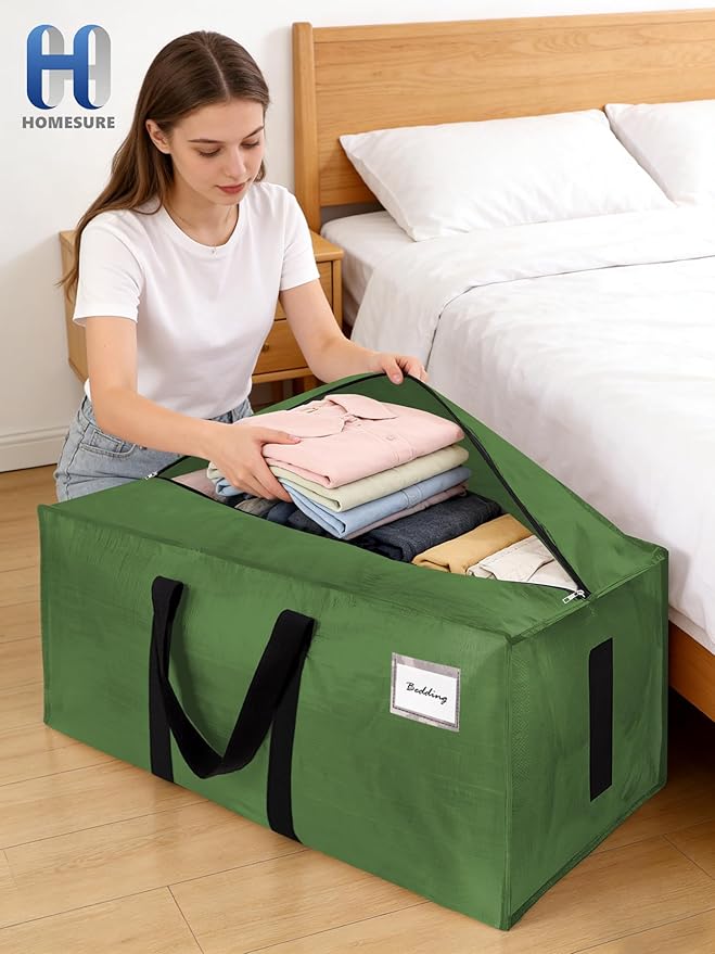 HOMESURE Supports 200lbs Heavy Duty Moving Bags - Strong Zipper & Wrap-Around Handles - Water-Resistant Storage Totes, Durable Alternative to Moving Boxes - 4 Pack - Olive Green