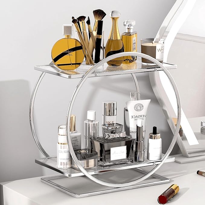 Perfume Organizer for Bedroom Dresser - Silver Makeup Organizers for Vanity, 2 Tier Bathroom Countertop Organizer Perfume Tray Skincare Storage Cosmetic Display Rack, Makeup Counter Shelf