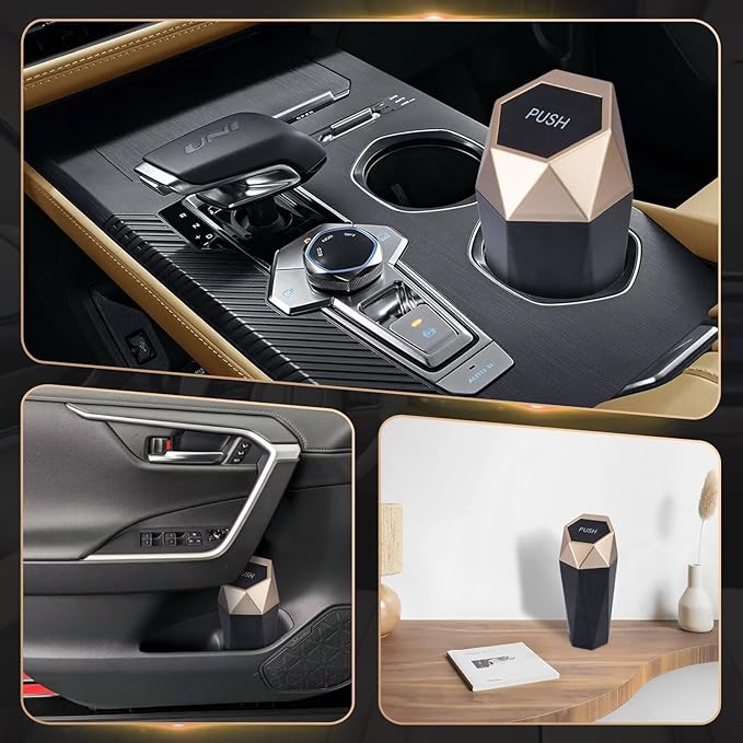 Car Trash Can, Car Trash Bin with Lid, Car Accessories for Women Interior, Car Garbage Can with Additional 2 ABS Hooks and 60pcs Trash Bags, Suitable for Home, Office, Car Organizer, Gold