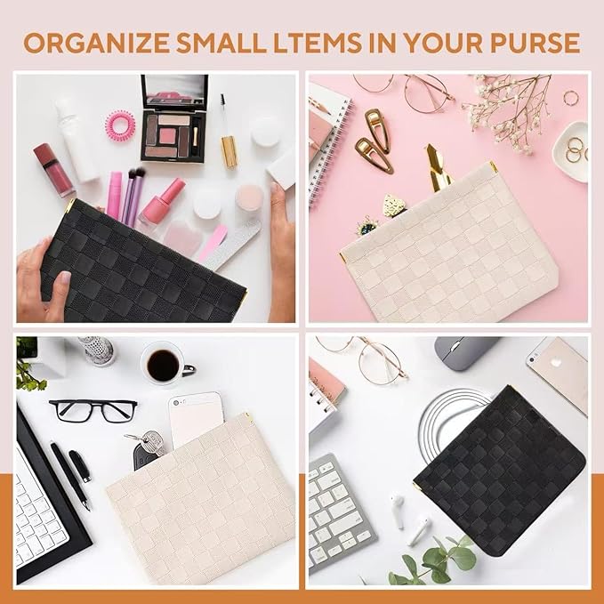2-Pack Small Waterproof Checkered Makeup Bag - Portable Leather Travel Toiletry Bag Organizer with Snap Closure, Aesthetic Travel Storage Pouches for Women's cosmetic bag for purse