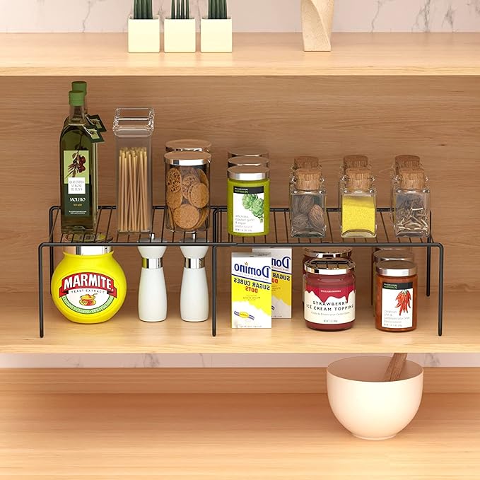 Kitchen Cabinet Expandable Shelf Organizers Set of 2, Adjustable Metal Wire Pantry Storage Shelves, Plate Dish Organizer Rack for Cabinets, Cupboard, Counter, Freezer, Countertop, Black