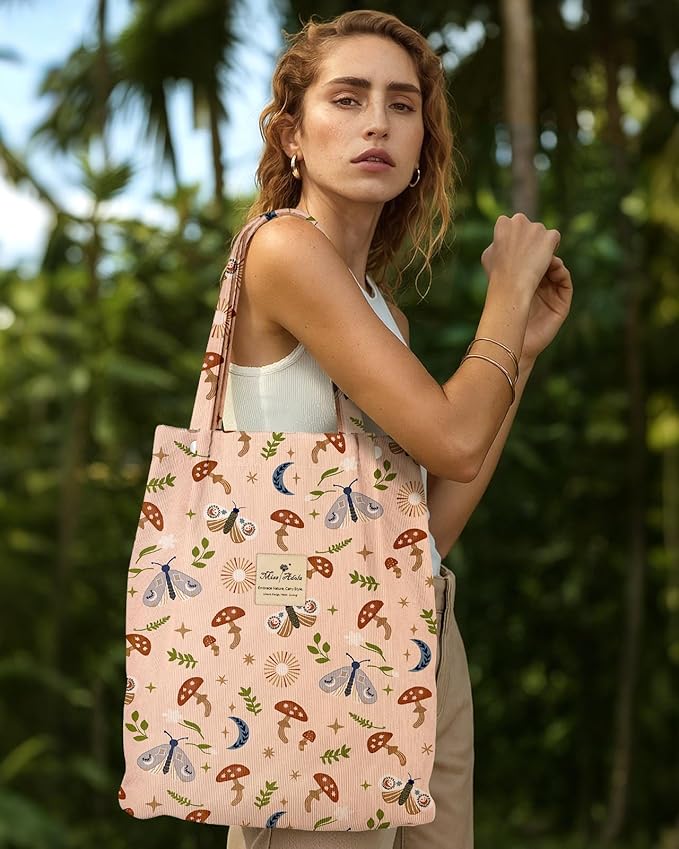 Miss Adola Corduroy Tote Bag for Women - Reusable Totes with Pocket & Buckle Cute Aesthetic Shoulder Bag for Work Travel