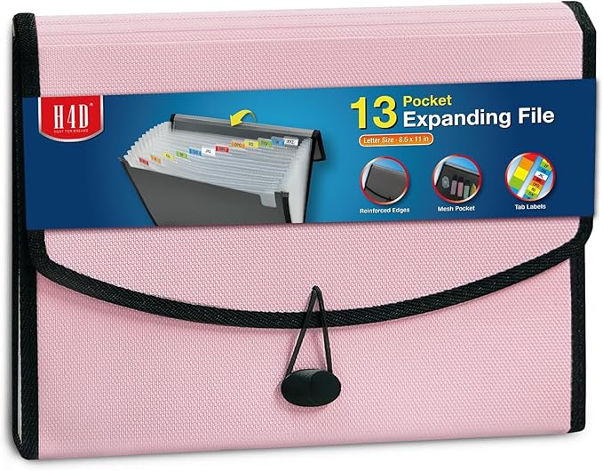 H4D 13-Pocket Accordion File Organizer with Mesh Pocket, Expanding File Folder with Tabs, Expandable Document Organizer for Home Office School, Letter Size, Light Pink