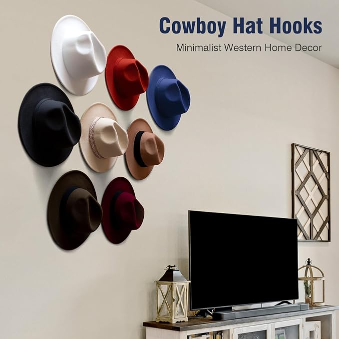 3.0 Inch Hat Hooks for Wall (8 Pack) – Strong Adhesive Cowboy Hat Rack with Anti-Slip Teeth, Cap Holder & Wide Brim Hat Organizer, Strong Hold Hat Hangers for Baseball Caps, Western Room Décor – White