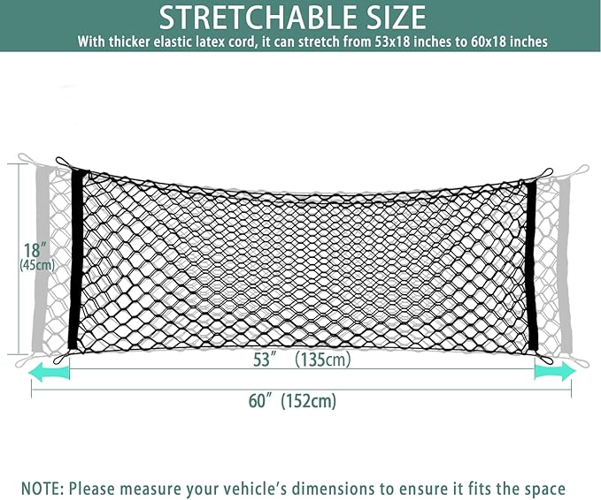 53 x 18 Inch Truck Bed Cargo Net - Heavy Duty Stretchable Car Organizer with Aluminum Carabiners, Universal Fit for Pickup Trucks SUVs Cars | Durable Elastic Vehicle Storage Accessory