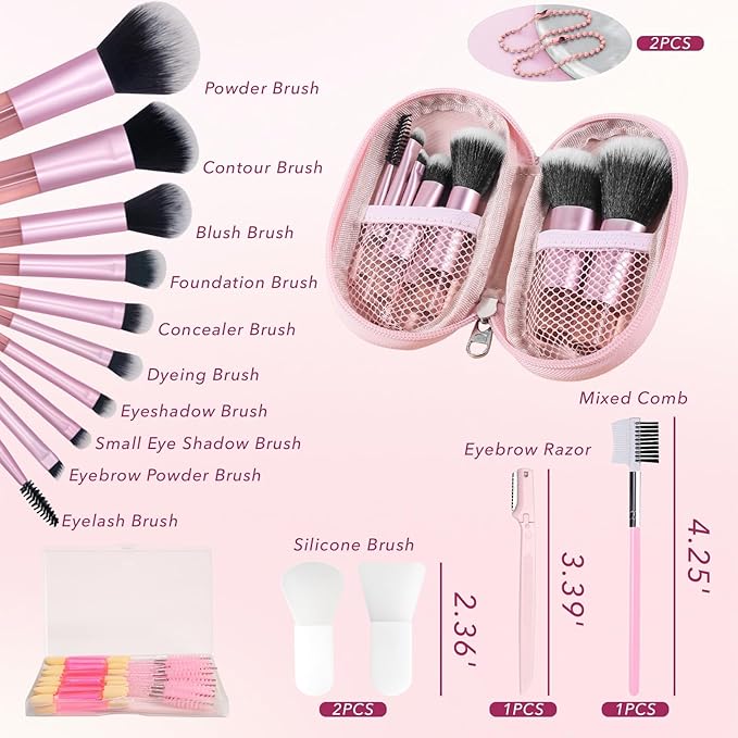 Travel Makeup Brush Set, 77Pcs Mini Makeup Kit Synthetic Foundation Concealers Eye Shadows Brushes Powder Puff with Eyelash Curler Eyebrow Razor Comb Mirror Hair Clips Cosmetic Bag (Pink)