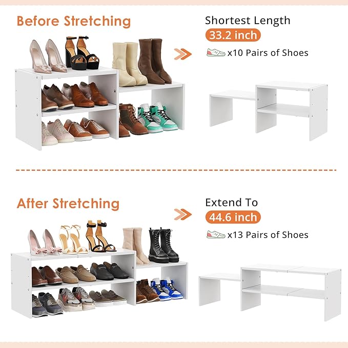44.6 Inches Expandable White Shoe Rack Organizer for Closet,Adjustable Small Shoe Storage Shelves,Metal Wood Combination Shoe Shelf Stand Holder for Closets,Entryway,Front Door,Narrow Space,10-13 Pair