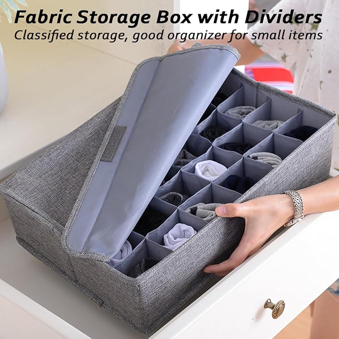 AARAINBOW Underwear Socks Ties Storage Organizer with Lids Foldable Closet Drawer Organizer 30 Cells, Fabric Wardrobe Divider Storage Box for Scarves and Lingerie (30 Cell, Gray)