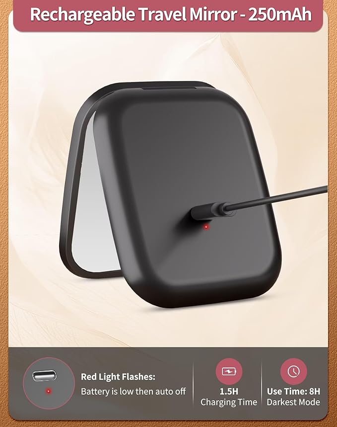 WOBSION Rechargeable 5X Magnification LED Travel Makeup Mirror,Dimmable Portable Compact Mirror for Pocket,Purses and Handbag,Gift,Black