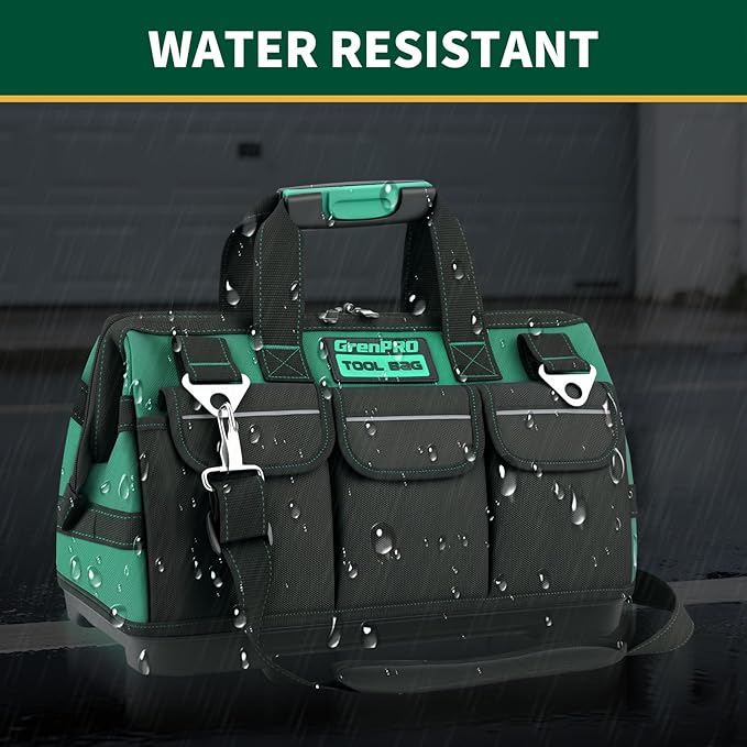 Tool Bag 16 Inch Heavy Duty, 18-Pocket Molded Bottom Toolbox Organizer, Portable Waterproof, Upgraded Handle Tool Bag with Adjustable Shoulder Strap for Mechanics, DIY, Dad Birthday Gift