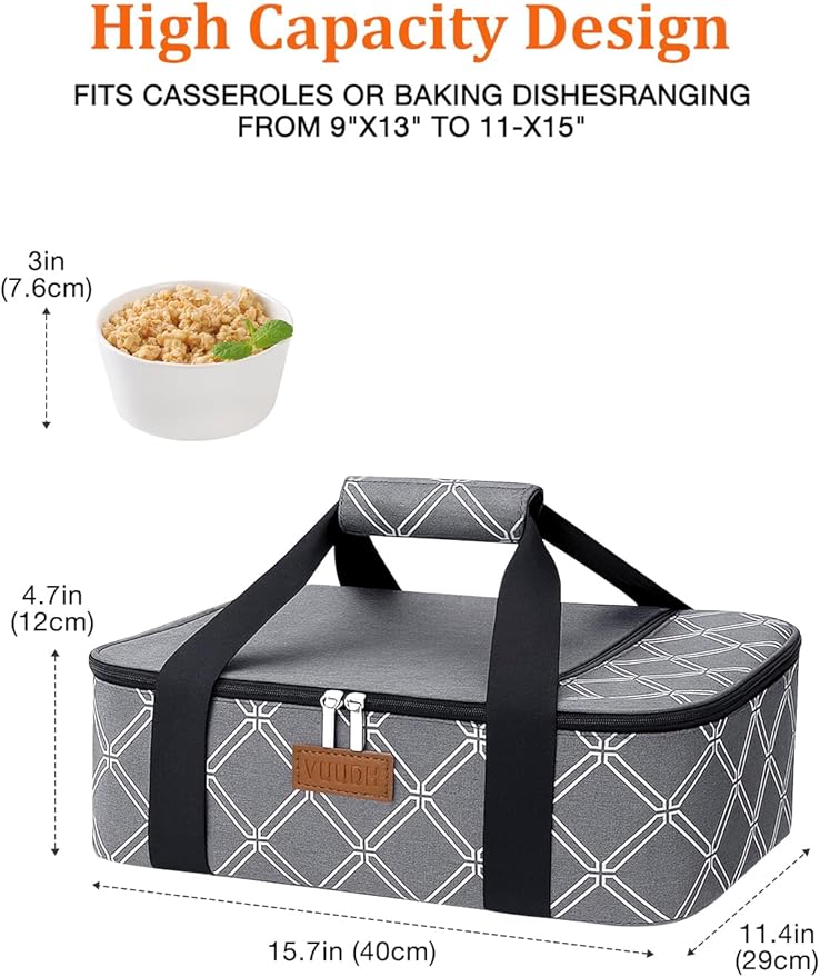Vuudh Casserole Carrier Bag, Single Insulated Food Bag, Hot Cold Lasagna Holder Tote for Picnic, Potluck or Travel, Lightweight Picnic Bag