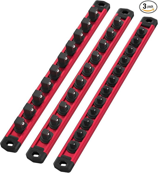 WORKPRO Magnetic Socket Organizer Set, 3-Piece Aluminum Alloy Socket Rail, Heavy Duty Socket Holder, Socket Rack Kit 1/4-Inch x 12 Clips, 3/8-Inch x 10 Clips, 1/2-Inch x 10 Clips (Red)