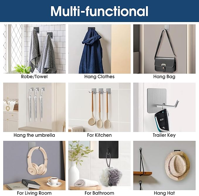 Hawsam 6 Pack Self Adhesive Wall Hooks for Hanging Heavy Duty 44LB/20kg(Max) Adhesive Towel Hooks for Bathroom Silver Towel Robe Coat Hook 304 Stainless Steel Sticky Hooks for Hanging Shaver,Hat