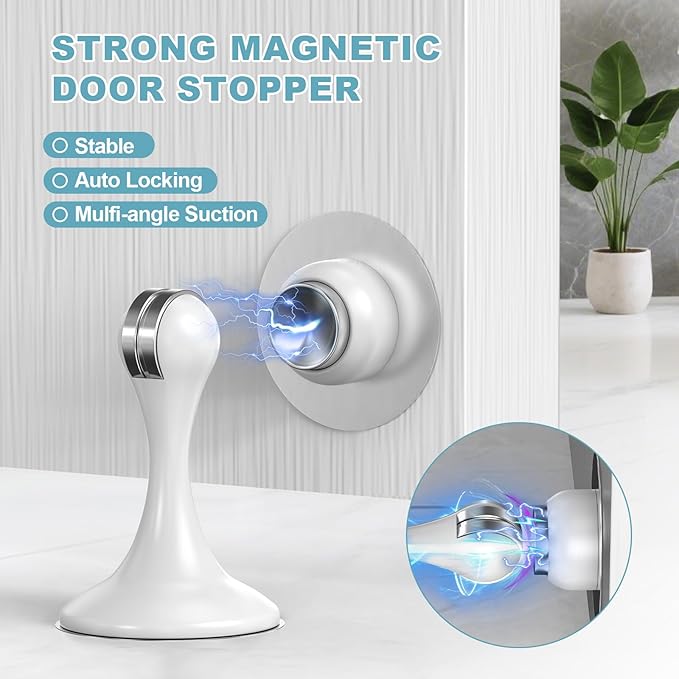 Magnetic Door Stoppers 4 Pack, Stainless Steel Door Stops for Wall and Floor Mounting, Door Holder Keep Door Open, No Drilling Door Stop with 3D Adhesive Tapes, White