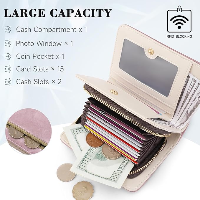 Women RFID Blocking Small Bifold Wallet, Compact Cash Clutch with Zipper Coin Pocket, Glittery Butterfly Design, Credit Card Holder, Travel Purse with Tassel PURPLE