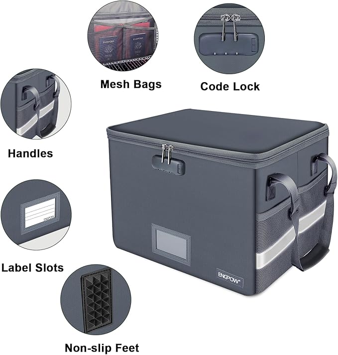 ENGPOW File Box with Lock, Fireproof Document Box with Pockets, Collapsible File Organizer Filing Storage Cabinet with Handle, Portable Home Office Safe for Hanging Letter/Legal Folders, Gray, 2 Pack