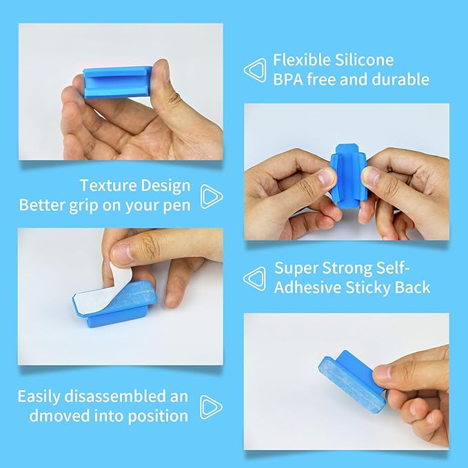 12 Pack Pen Holder for Desk, Silicone Pencil Holder with 12 Extra Adhesive Stickers, Adhesive Pen Holder & Marker Clip for Classroom Office Desk or Any Surface, Teacher Accessories Supplies (Blue)