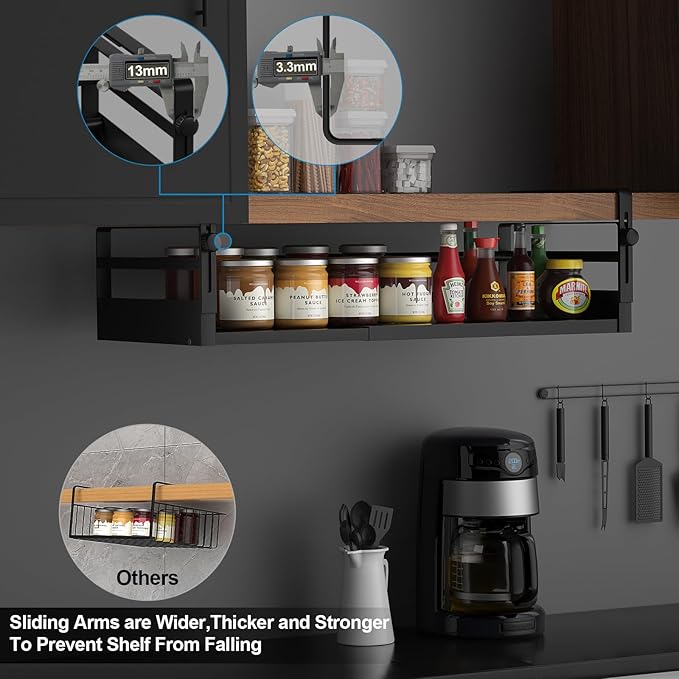 AmonHouseware 2Pack Under Shelf Basket Organizer, Adjustable Under Cabinet Shelf Storage, Hanging Holder Length Stretchable 13-21Inch for Kitchen Pantry Desk Counter Bookshelf Cupboard (Black)