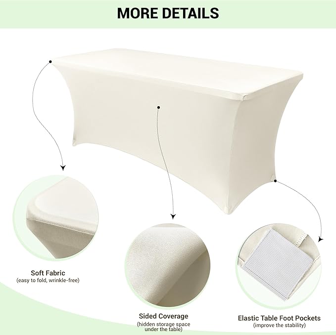 Obstal 8Ft Stretch Spandex Table Cover for Standard Folding Tables - 2 Pack Universal Rectangular Fitted Tablecloth for Party, Banquet, Events, Trade Show (Cream, 96L x 30W x 30H Inches)
