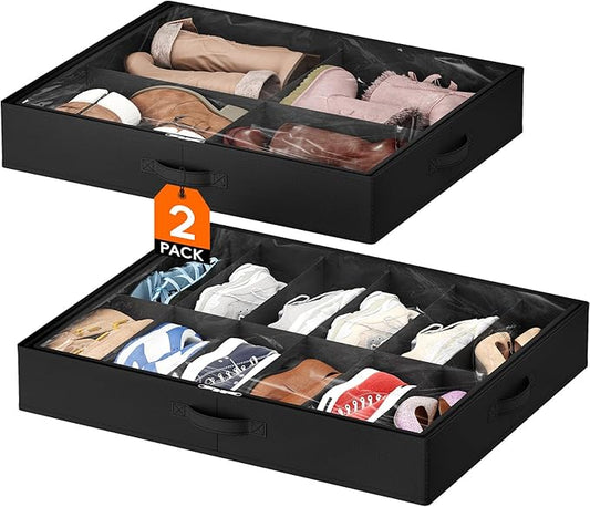 Lifewit Under Bed Shoe Storage Organizer 2 Pack (12 Pairs + 4 Pairs), 4.3" Tall Fabric Shoes Container Box, Foldable Closet Shoe Bag with 2 Reinforced Handles and Clear Cover, Black