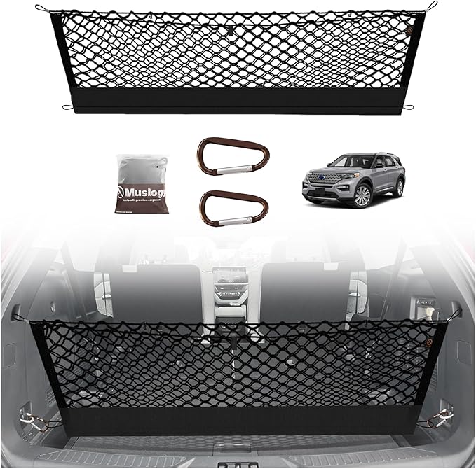 Muslogy Envelope Style Trunk Cargo Net Compatible with 2020-2024 2025 Ford Explorer Accessories Custom Fit Trunk Organizer Upgraded Mesh Storage Luggage Net with Metal Hooks