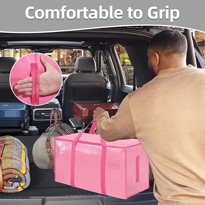 Extra Large Heavy Duty Moving Bags - Waterproof Storage Totes with Reinforced Handles & Zippers, Foldable for College Dorm Essentials, Clothes Storage & Travel (4-Pack Pink)