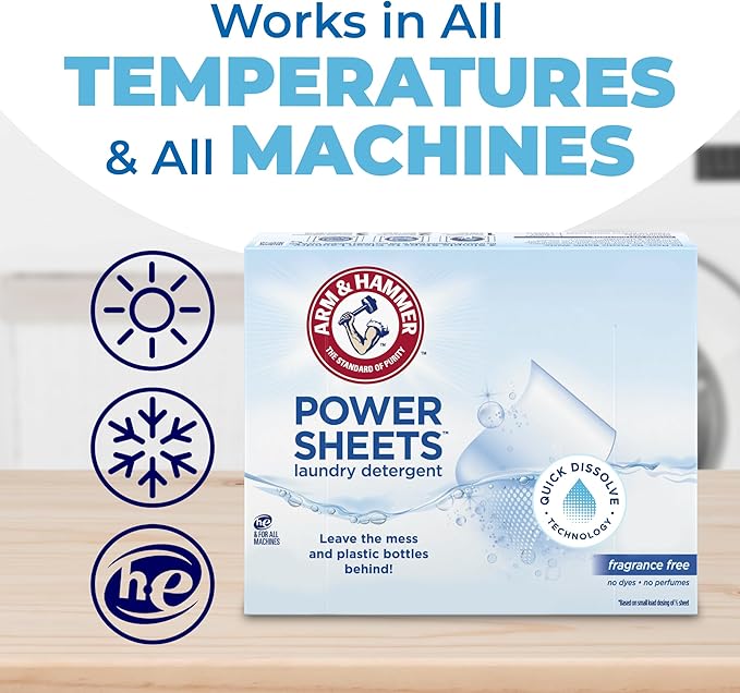 ARM & HAMMER Power Sheets Laundry Detergent, Fragrance Free, No Dyes or Perfumes, Lightweight and Travel-Friendly, 50 Count, Up to 100 Small Loads