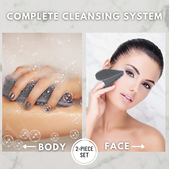 Silver Infused Body Face Scrubber Set - 2 Pack Premium Shower Brush Kit - Avilana Advanced Material Bath Loofah Alternative Complete Skincare System - Luxury Gift Set Women Men
