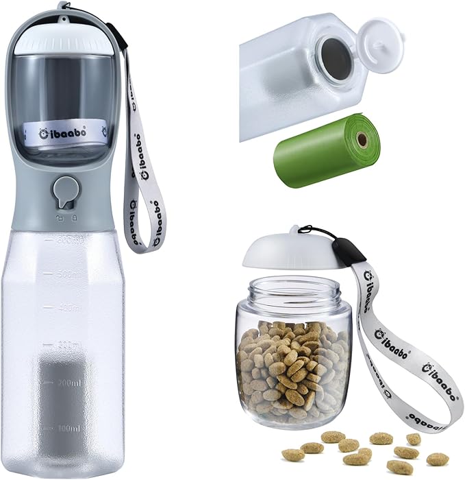 Dog Water Bottle with Food Container & Poop Bag Holder, Travel Water Bowl, Portable Pet Dispenser, Dog Gifts Stuff Accessories Items, Puppy Essentials for Yorkie Chihuahua Walking Hiking