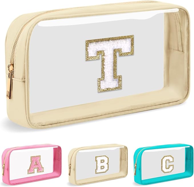 Personalized Initial Letter Clear Makeup Bag, Preppy Small Nylon & PVC Cosmetic Zipper Bag with Chenille Letter, Portable Beach Travel Skincare Toiletry Bag, Trendy Monogram Gift for Teen Girls Women