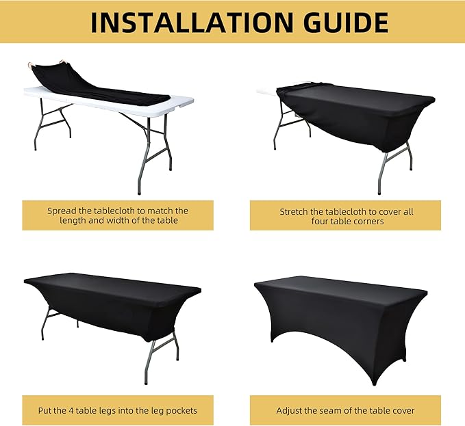 ZarzaaSik 6-Pack 4ft Spandex Black Table Covers for Rectangular Folding Tables - Wrinkle Resistant Stretch Tight Table Cloths - Ultimate Fitted Table Protector for Parties, Trade Shows, and Wedding