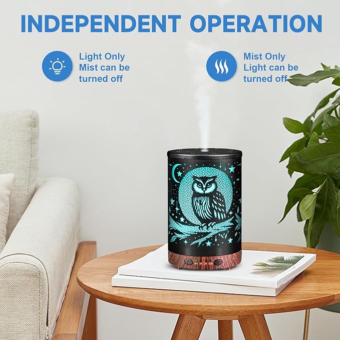 Essential Oil Diffuser Metal Aromatherapy Diffuser, Cool Mist Diffuser with 7 Color Lights for Home Office Spa (Owl)