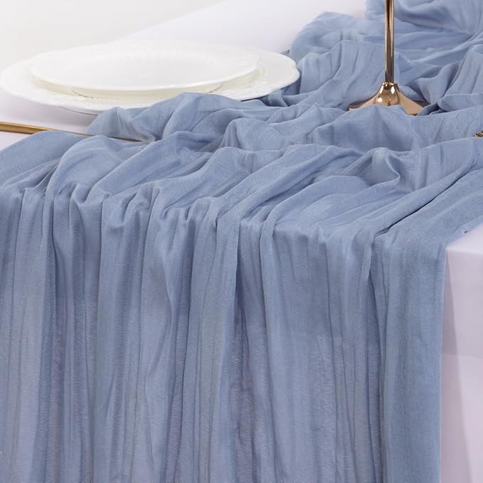 Socomi 15pcs Dusty Blue Summer Cheesecloth Table Runner Boho Rustic Gauze 120 inch 10FT Cheese Cloth Sheer Runner for Wedding Party Baby Shower Birthday Home Decor Holiday Decorations