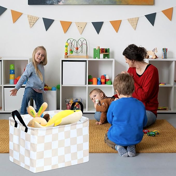 Beige Check Storage Basket Baby Toys Organizer Bins Decorative Gifts Bakset Waterproof Nursery Hamper Women Storage Cube Kids Laundry Basket for Home/Dorm/Kitchen/Pet/Office/Closet/Shelf/