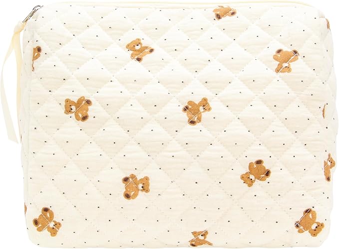 PAZIMIIK Quilted Makeup Bag Large Travel Zipper Soft Cosmetic Pouch for Women Girls Make Up, Gauze Bear