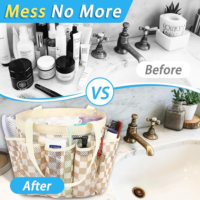 Fammart Mesh Shower Caddy Portable for College Dorm Room Essentials, 8-Pocket Large Shower Basket Tote Bag with 2 Handles for Toiletry, Bathroom, Beach, Camp, Gym
