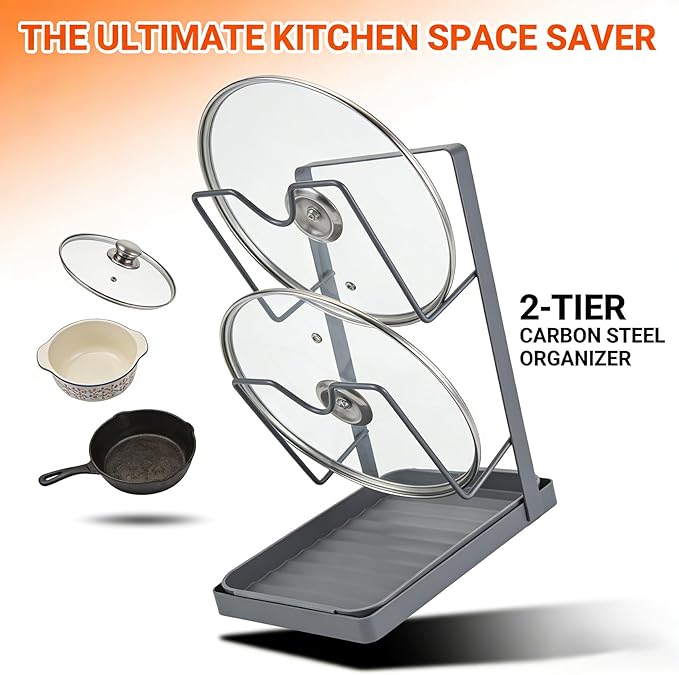 90S Kitchen Pot Lid Storage Rack,Double-Layer Pot Lid Organizer with Tray,Lid Holder While Cooking Multifunctional Kitchen Pot Cover Organizer for Countertop, With Removable Drip Tray
