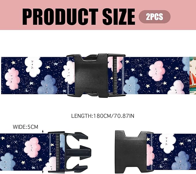 Nuxovilar Luggage Straps of 2 Set Cartoon Clouds Stars Pattern, 1.96x90.5 inches - Luggage Straps for Suitcases, Great for Night Trips, Family Travel, Daily Use