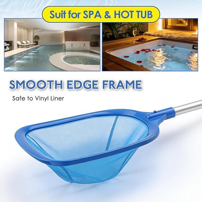 FEED GARDEN Hot Tub Pool Skimmer Spa Net with 12'' Aluminum Pole 11" x25" Blue Mesh, 6-Inch Deep for Small Above Ground Pools Pick Up Fine Debris Lightweight Leaf Net