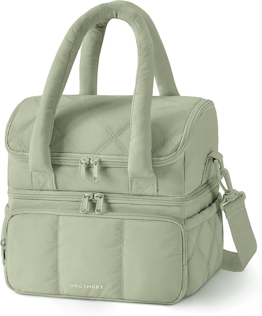 BAGSMART Lunch Bag Women, Double Deck Insulated Lunch Box, Quilted Puffer Lunch Tote, Leakproof, Durable & Reusable Large Lunch Cooler For Work Picnic Travel Meal Prep, Sage Green