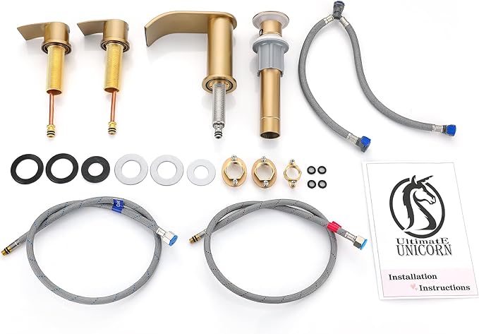 Ultimate Unicorn 8 inch Bathroom Faucet Champagne Bronze, Waterfall Bathroom Sink Faucet with Metal Pop-up Sink Drain Stopper and 2 Supply Hoses, DJS-MP-3JT-CG-PB-C